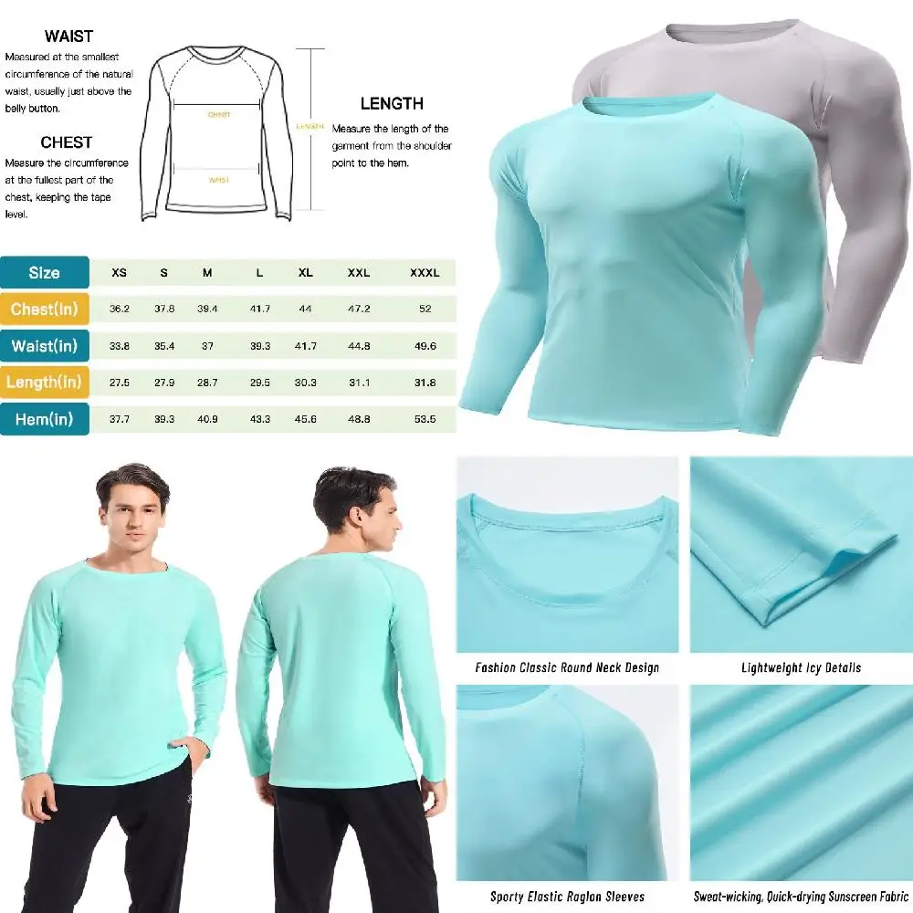 

Peakel Men's Quick Dry Long Sleeve Lightweight UPF 50+ Comfort Hiking Shirts, True Rash Guard Swim Shirts - Gray/Turqoise