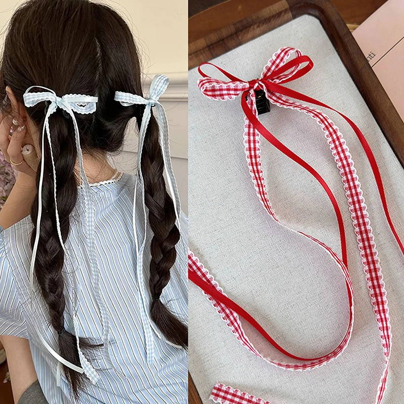 Заколка в клетку с бантом Mori Girl длинная маленькая заколка для волос милым