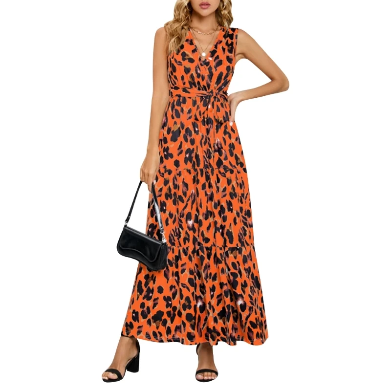 

Leopard Maxi Dresses Vacation ALine Long Dress Deep VNeck Boho Long Maxi Dress 10CD