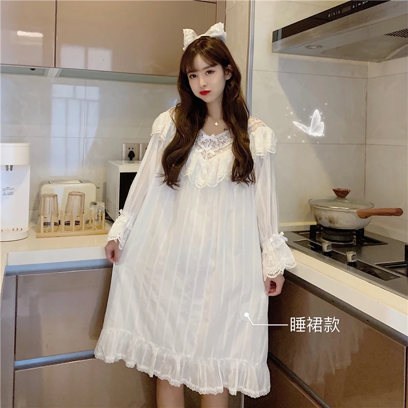 Lolita Princess White Pajamas Set Women Lace Ruffles Embroidery Two Piece Home Suit Sweet Striped Sleepwear Crochet Bow