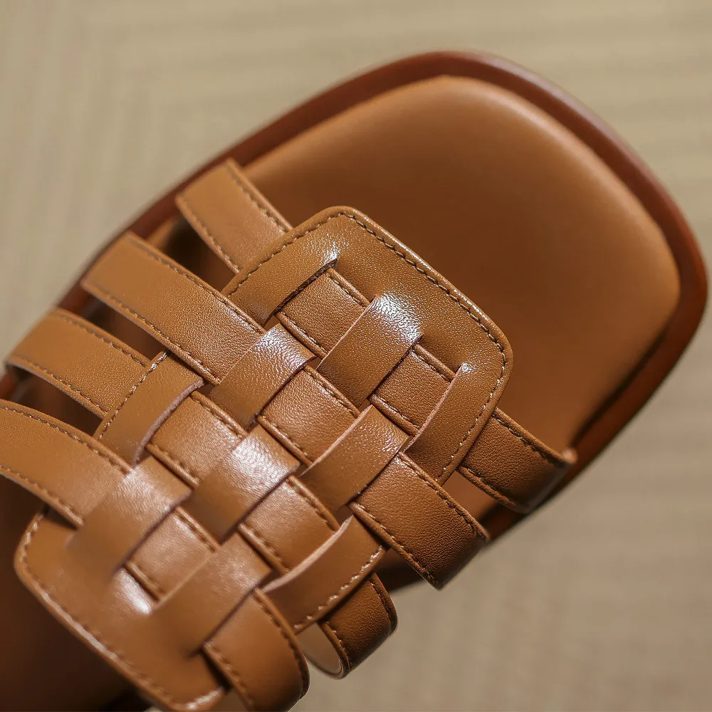 Women's genuine leather narrow band braided open toe slip-on flats summer out door slides soft comfortable sandals