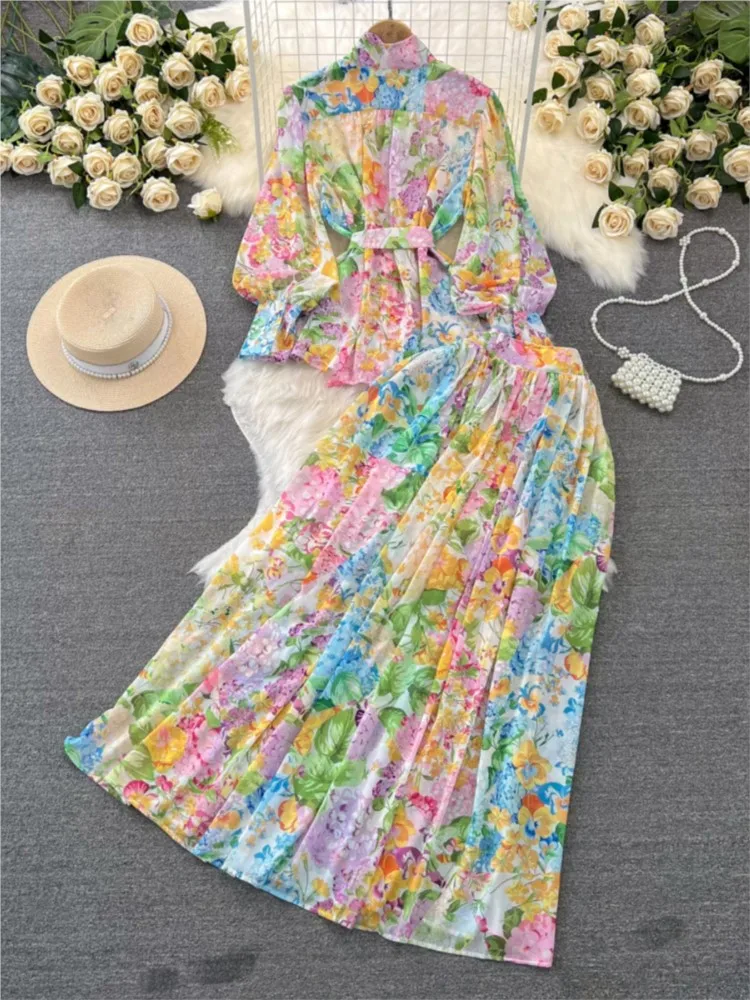 Женский богемный костюм из юбки с цветочным принтом топ рукавами-фонариками и