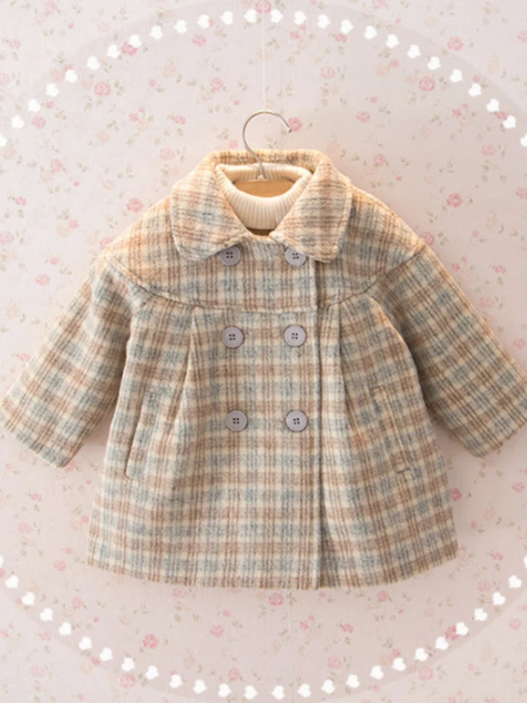

Baby Girl Woolen Jacket Plaid Long Double Breasted Warm Infant Toddle Lapel Tweed Coat Spring Autumn Winter Baby Outwear Clothes