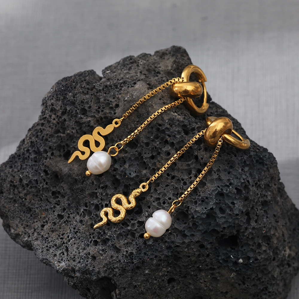 

Fashion Snake Tassel Earrings Women Waterproof Non-Tarnish Natural Freshwater Pearl Pendant 18K Real Gold Platd Earrings Jewelry