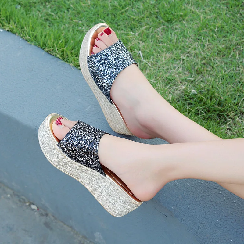 

2022 Clogs Women's Heels Sandless for Women Shiny Summer Slippers Ladies Wedges Shoes Flip-flops Beach Woman Platforms