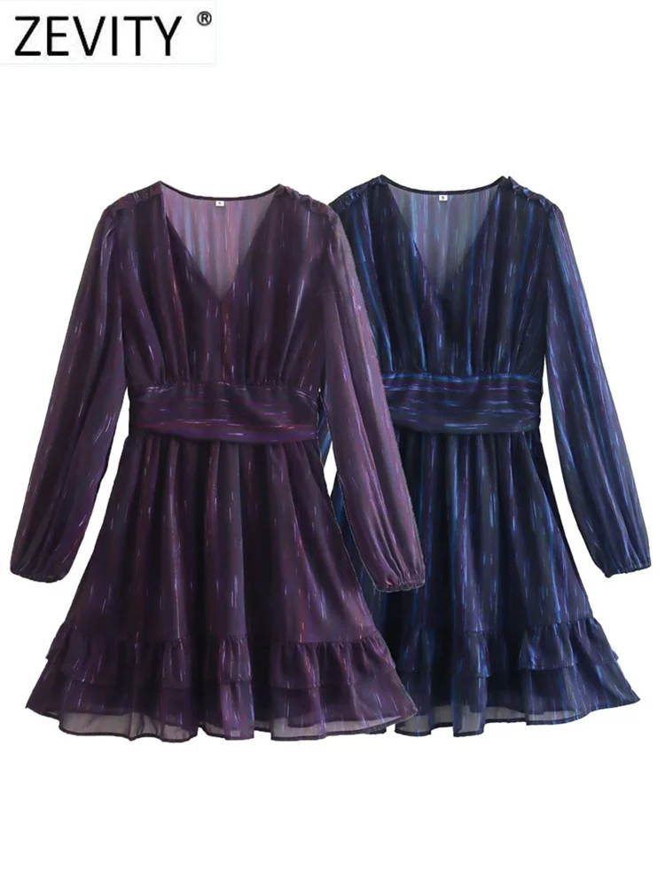 

Zevity 2022 Women Fashion V Neck Print Golden Line Pleat Ruffles Mini Dress Female Chic Side Zipper Slim A Line Vestidos DS3316