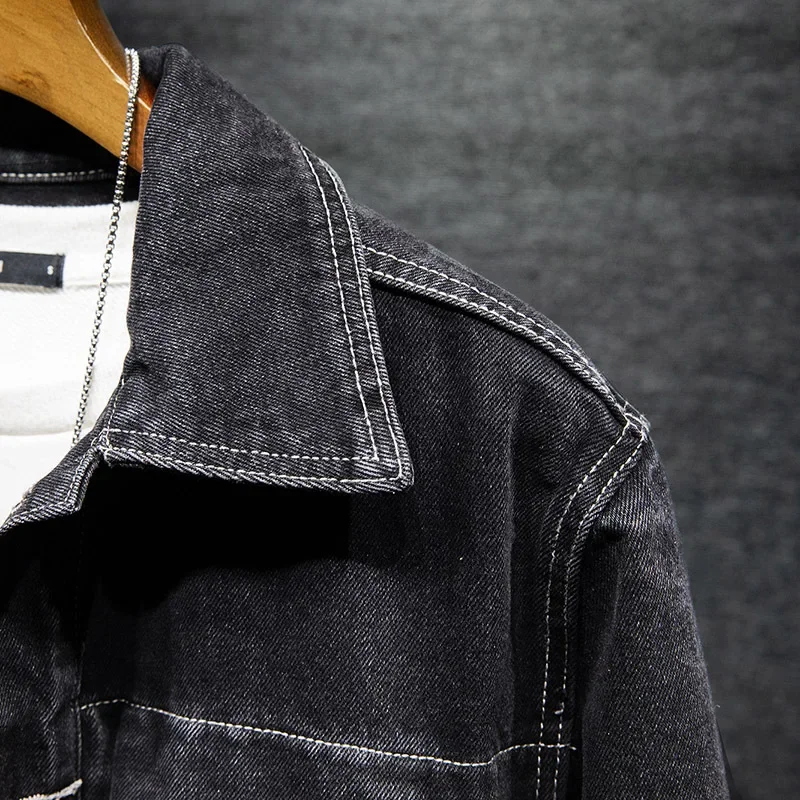 Весенне-осенняя свободная куртка больших размеров черная джинсовая мужская