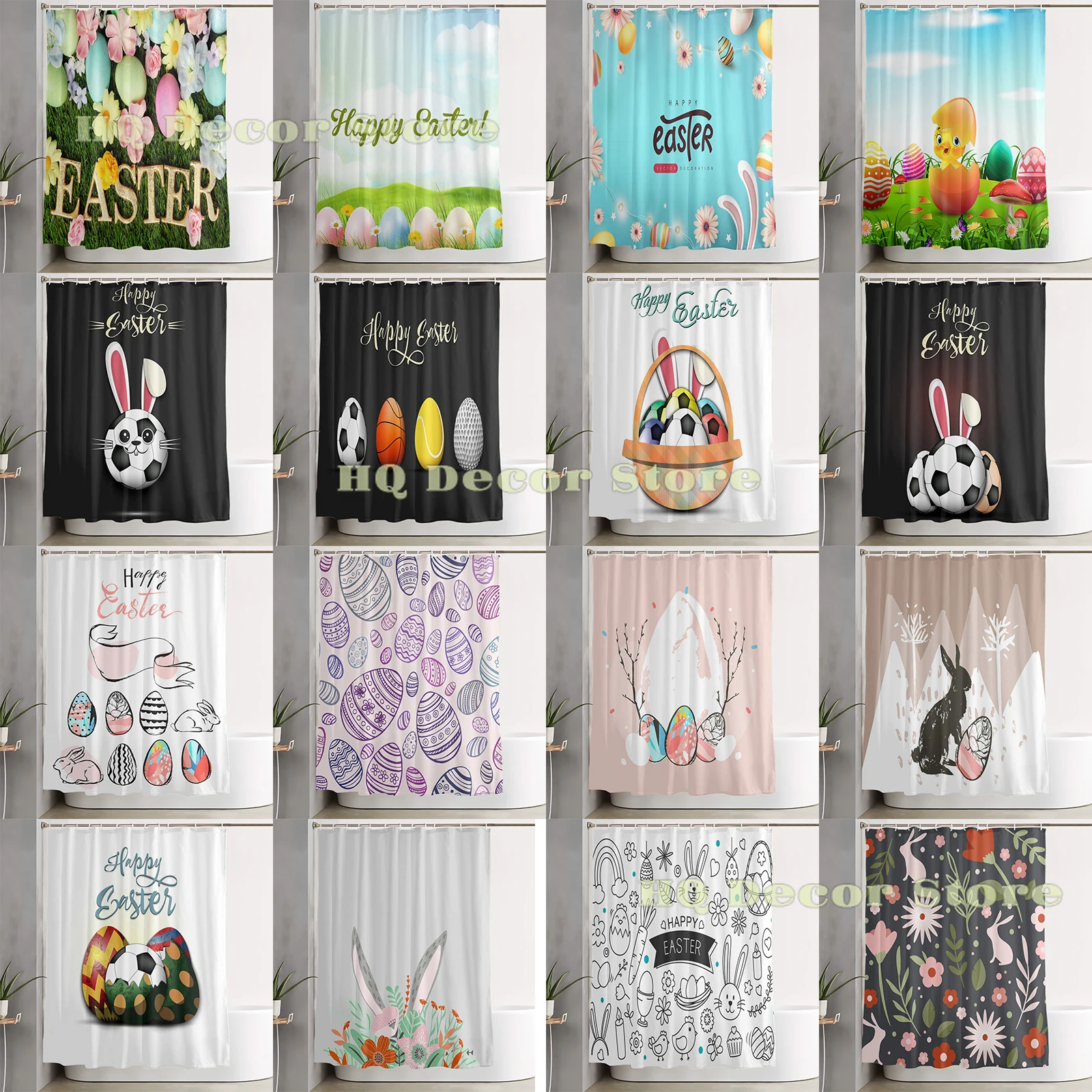 

Easter Eggs Shower Curtain Funny Bunny Rabbit Eggs Shower Curtains Watercolor Bathroom Shower Curtains Bathtub Decor