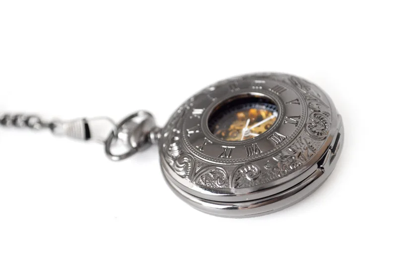 Luxury Steampunk Mechanical Pocket Watch for Men Women Hollow Skeleton Case Vintage Roman Numerals Dial Fob Chain Pendant Clock