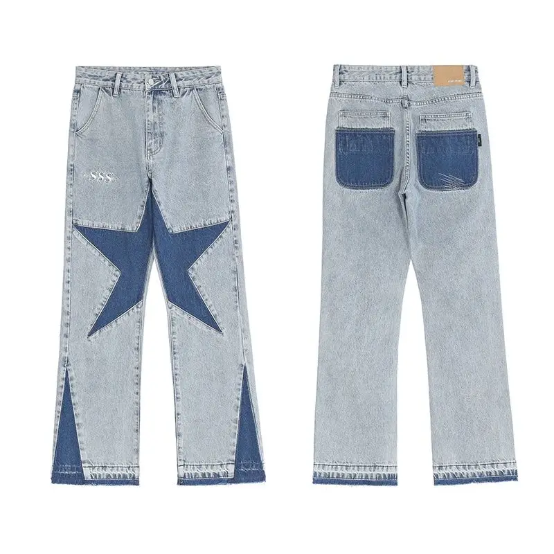 Jeans High Street Washed Old Jeans Men American Fashion Brand Five Points Star Stitching Loose Straight Couple Hip Hop Pants