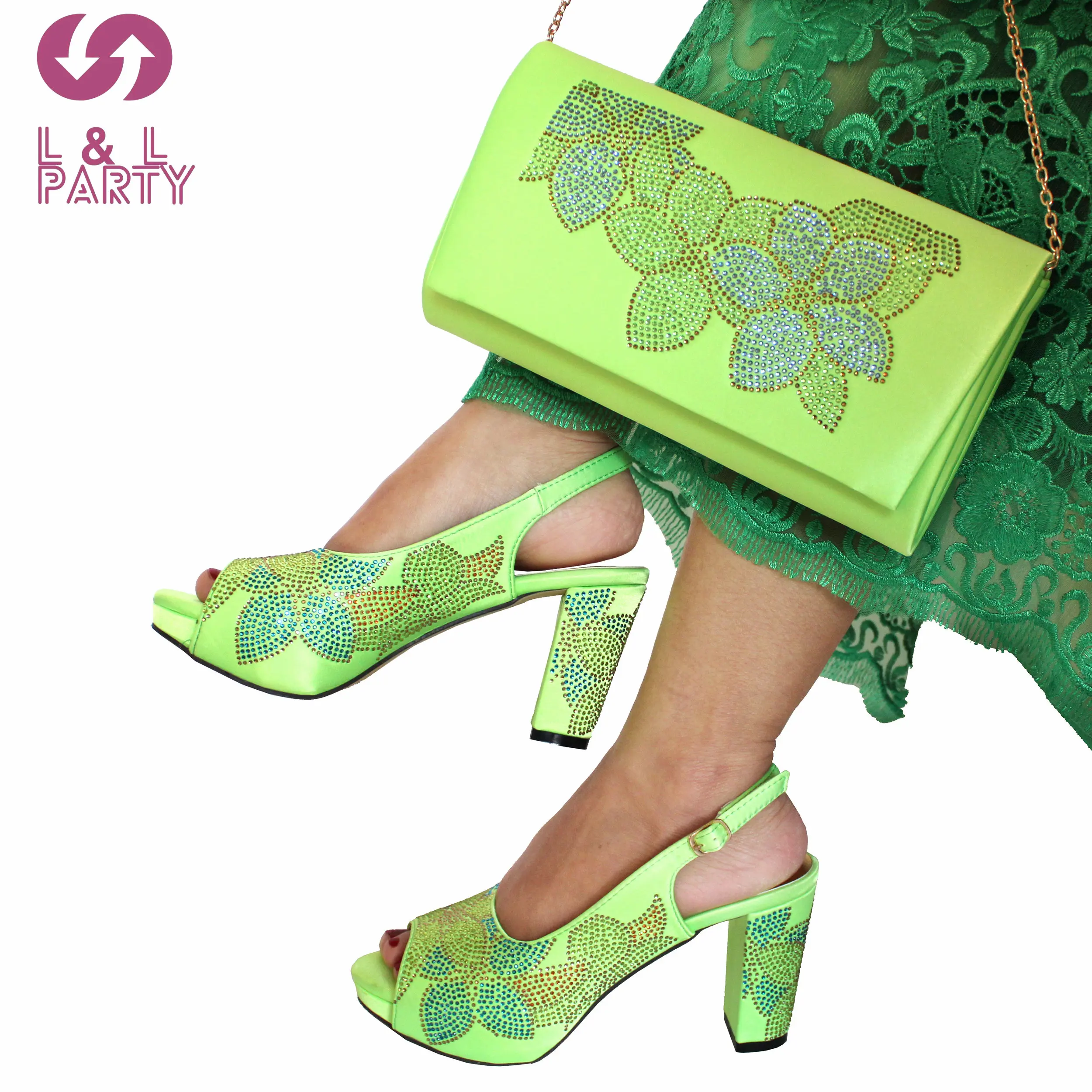 

New Coming Fashionable Special Heels Women Shoes and Bag Set in Fluorescent green Color High Quality Peep Toe Pumps for Party