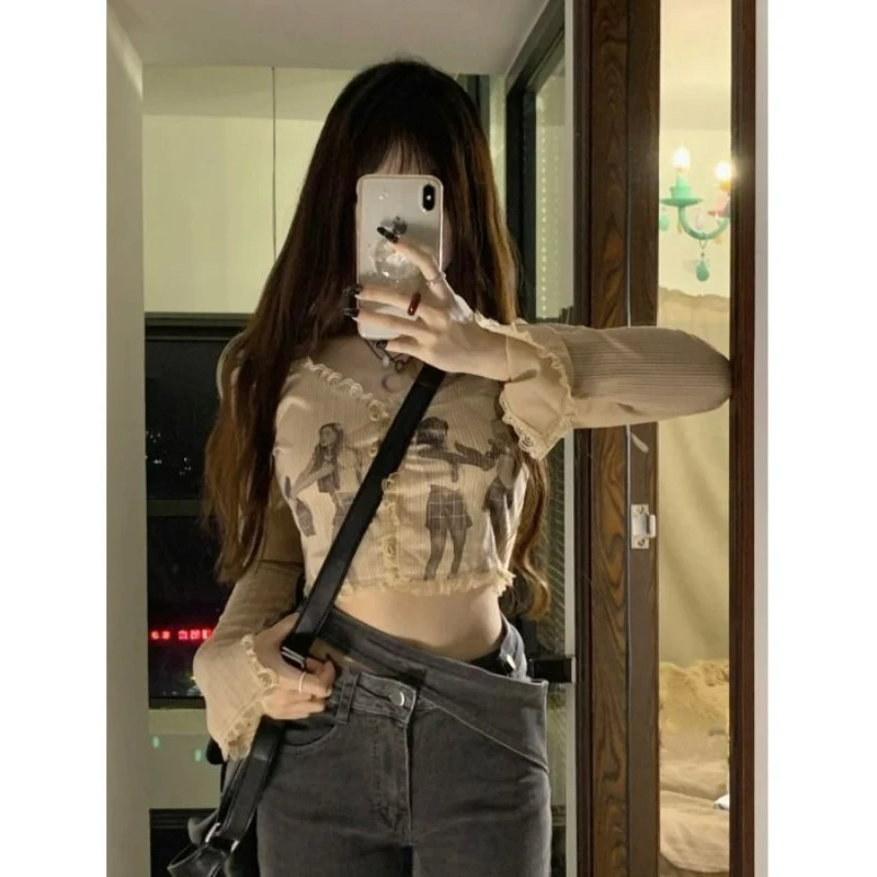

Y2k Goth Graphic T Shirts for Women Korean Fashion Long Sleeve 2023 New Spring Summer Sexy Lace Short Cardigans Kpop Clothes