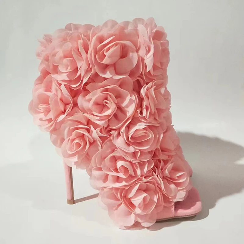 

Fashion Flower Wedding Shoes 2023 Summer New Sexy Thin High Heel Open Toe Women's Short Boots Pumps Pink Beige Black Big Size