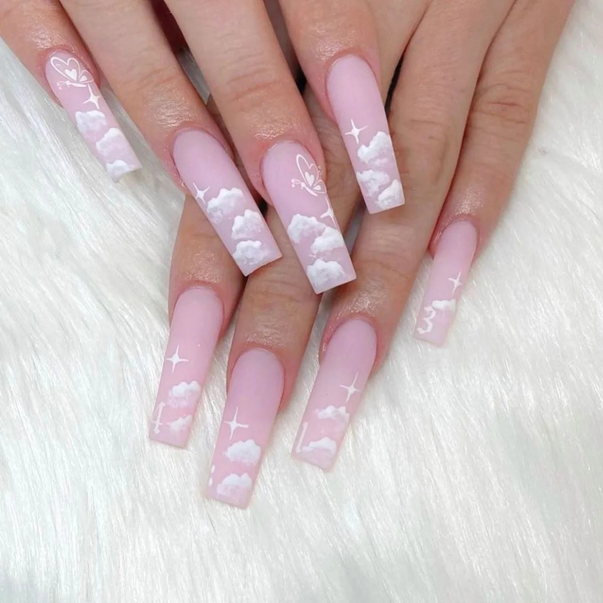 

Pink Ballet Long Paragraph Fake Nail Patch Ongles Faux Long Pointed Head Durable White Clouds Finished Nail Piece 24pcs Glue