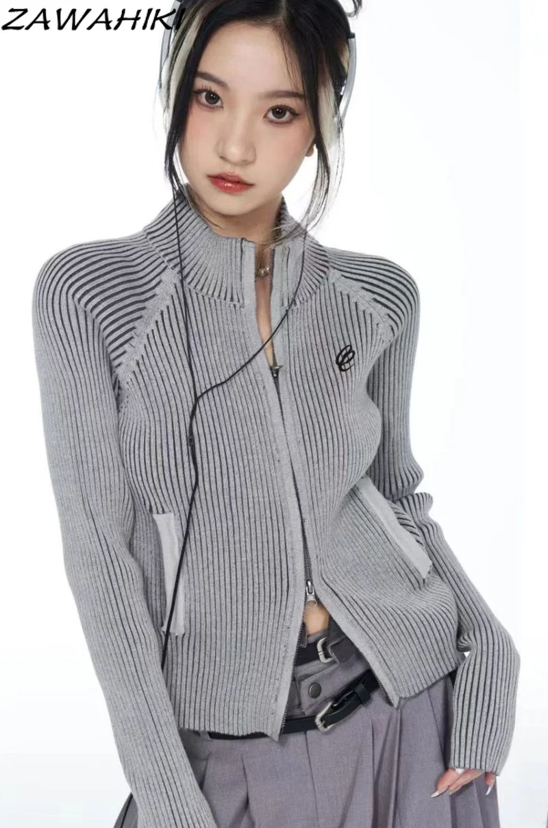 

Gray Knitted Zip-up Stand Collar Sweater Coats Slim Long Sleeve Women Jumper Coats 90s Y2K All-Match Fashion Autumn Outerwear