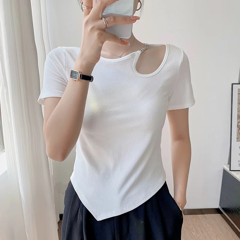 

Chain Neck Hollow Out T-shirt For Women Short Style Irregular Solid Tops Tees Summer Short Sleeve Slim T Shirts Female 652