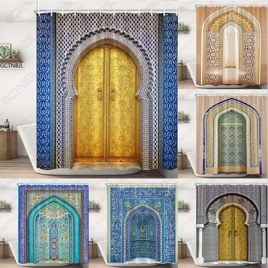 

Марокканские желтые антикварные арочные двери, занавески для душа, старые винтажные деревянные двери для ванной, водонепроницаемые тканевые шторы для ванной с крючками