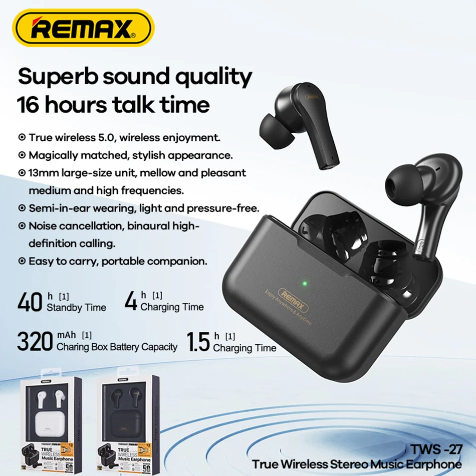 

Remax TWS-27 13MM Dynamic TWS 5.0 In Ear Wireless Headphones HIFI Stereo Bluetooth Gaming Music Earphones Touch Control With Mic