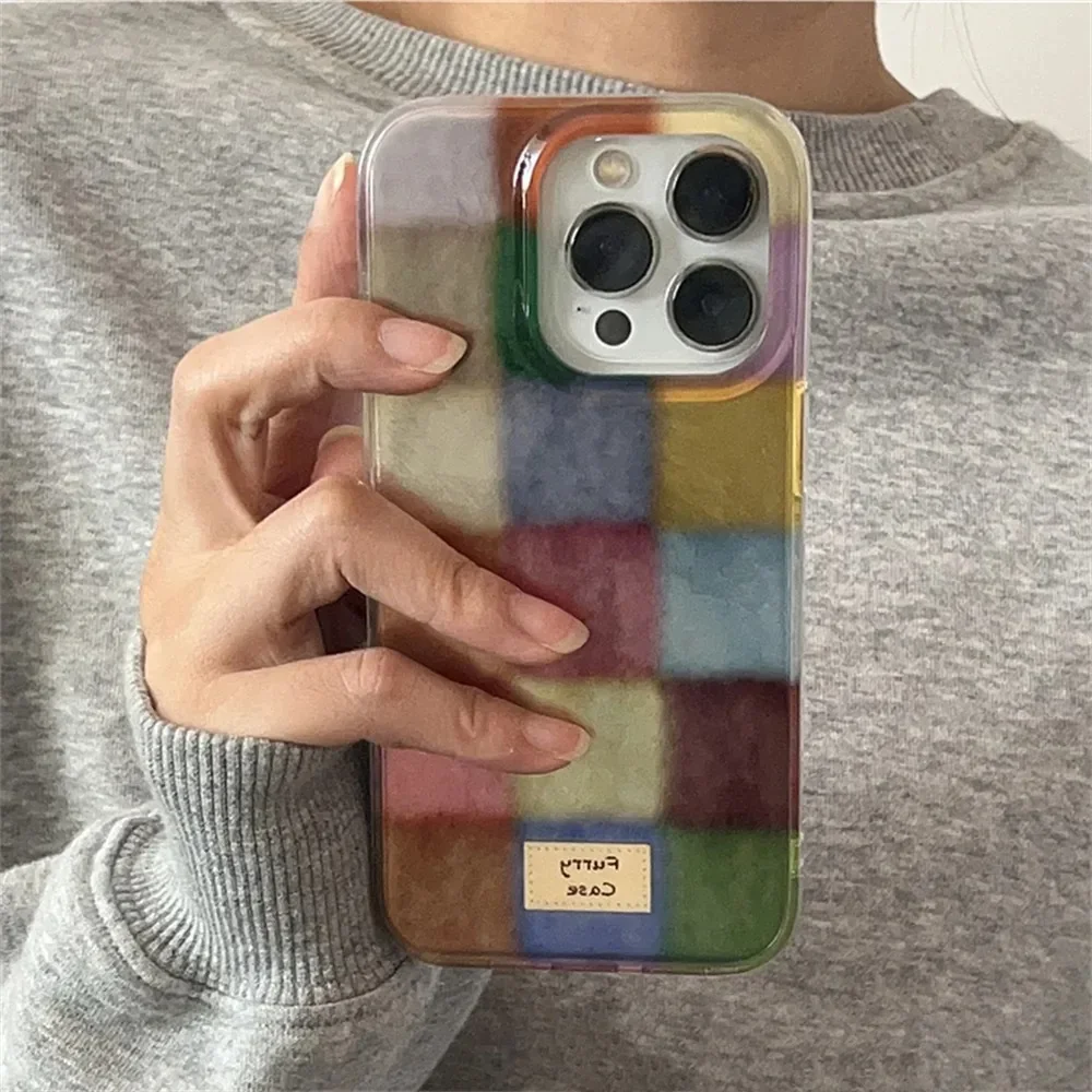 Фото Чехол для телефона Dopamine Color Block Match Plaid для iPhone 17 16 15 14 13 12 11 Pro Max Air 16E SE2 7 8 Plus Grid Label Matte Cover №1
