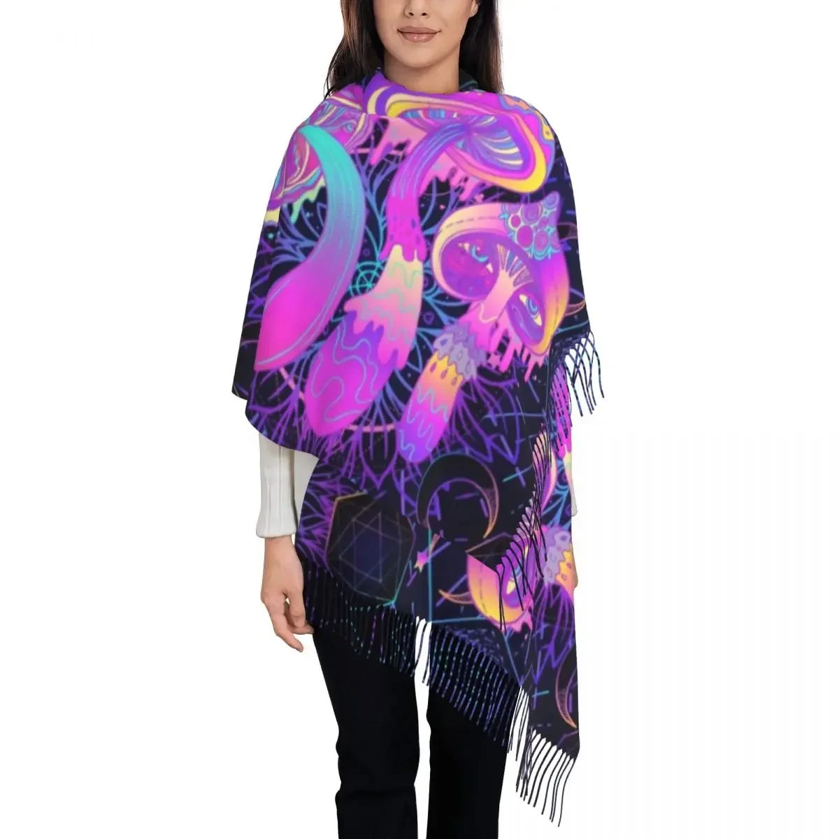 

Trippy Mushrooms Scarf for Women Luxury Winter Fall Shawl Wraps Magic Psychedelic Tassel Wraps