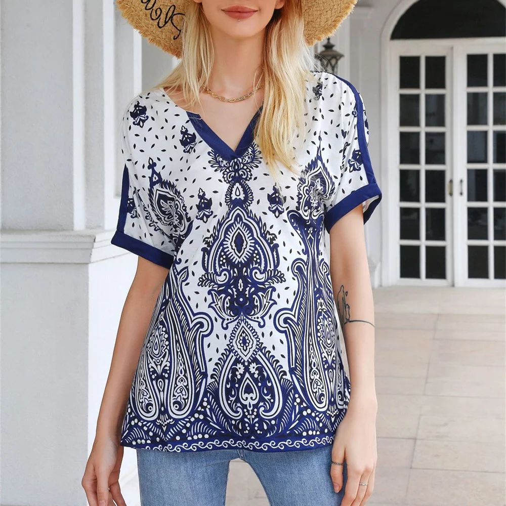 2022 Summer Women's Sexy Slim T-Shirt Elegant Casual Fashion V Neck Pullover Short Sleeve Floral Printed Shirt Tops Clothing