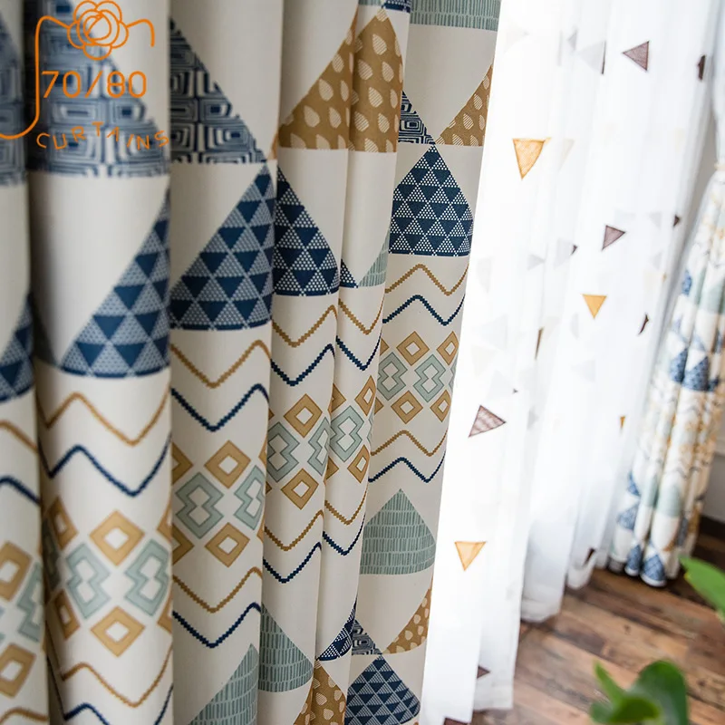 New Childrens Room Geometric Triangle Lattice Pattern Cotton and Linen Curtains for Living Room Bedroom Finished Custom