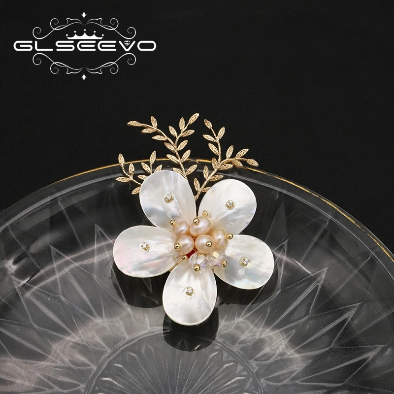 Брошь GLSEEVO с натуральными ракушками цветами и розовыми жемчужинами листьями для
