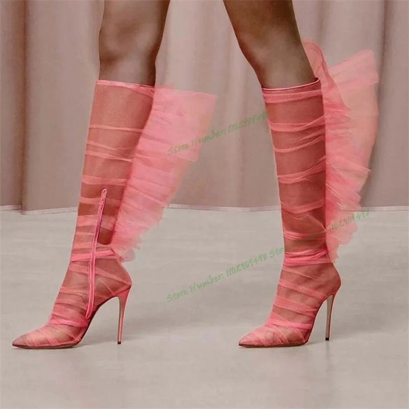 

Женские Плиссированные сапоги до колена, розовые сетчатые сапоги из тюля, с острым носком, на тонком высоком каблуке, сексуальная женская обувь, 2023