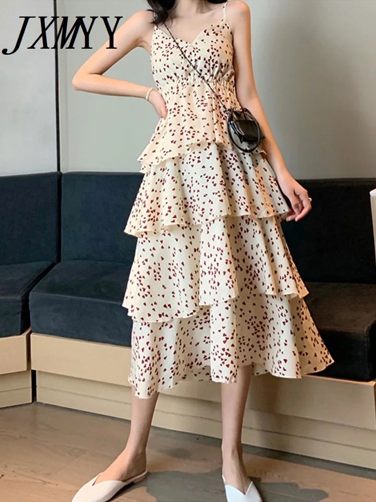 

JXMYY 2022 Summer Fashion Love Small Floral High Waist Layered Cake Skirt Mid-Length Skirt Sling Dress Women's