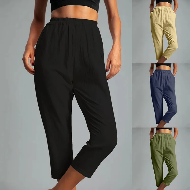 

2022 new style women's cotton and linen solid color tapered pocket casual cropped trousers female pants