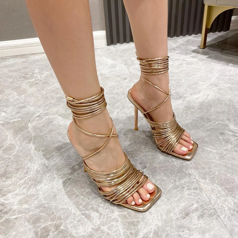 

style Star Sexy Narrow band Women Sandals Fashion Thin High heels Ankle Strap Gladiator Sandals Female Gold Party Prom Shoes