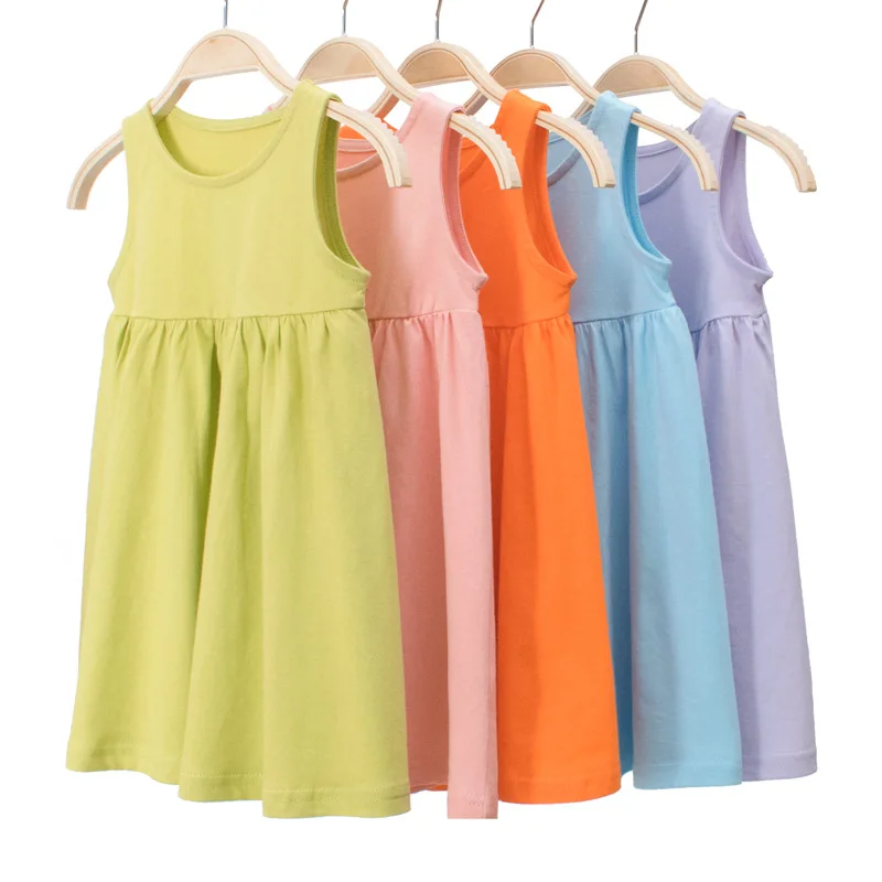 

Girls Sleeveless Dress Cotton Kids Princess Dress Casual Solid Soft Dresses Print Summer Children Clothes 1-7 Years