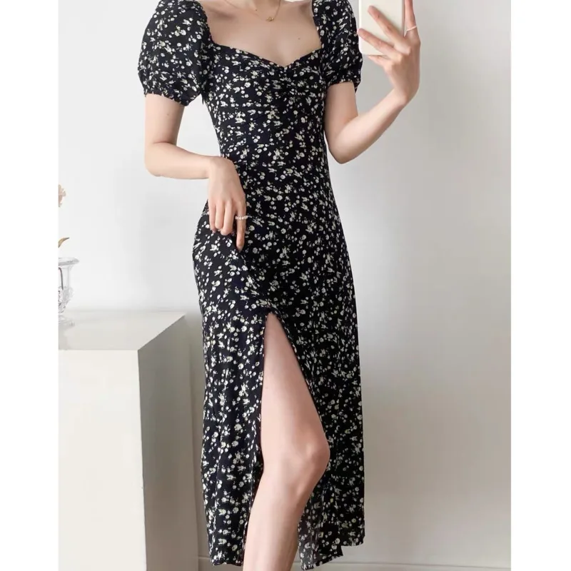 

Summer Women Floral Print Dress Square Collar Puff Sleeve Side Split High Waist Midi Dresses Elegant Sweet Female Vestidos 2022