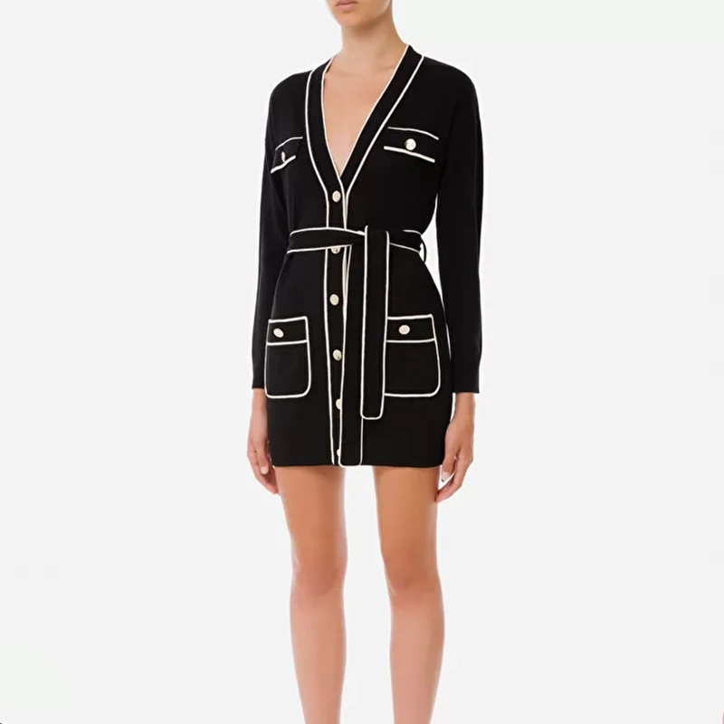 

The Most Popular Nowadays Colorblock Cotton Knitting Dress Cardigan Coat With Slash Gold Buttons Spring New Women Slim Dress
