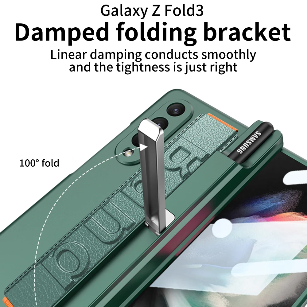 Magnetic Pen Holder Protective Case For Samsung Galaxy Z Fold4 3 Case Fold3 Shockproof Hinge Case With Wrist Strap & Screen Film