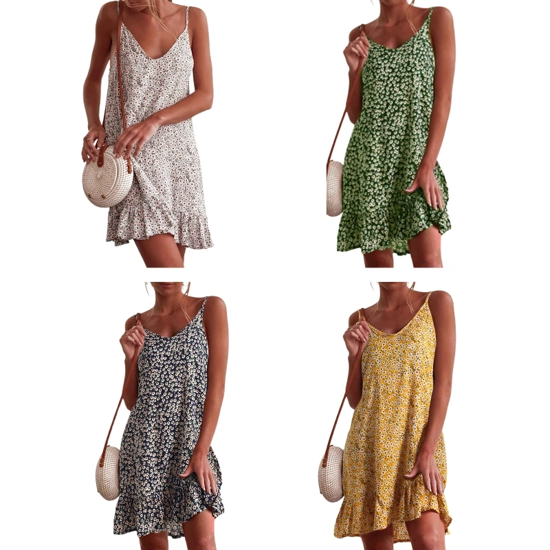 

Women Spaghetti Strap V-Neck Boho Floral Print Ruffle Hem Loose Mini Swing Dress T8NB