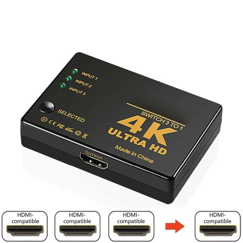 

HDMI-совместимый коммутатор 4K, коммутатор 3-в-1, HD видеокабель, сплиттер, 1x3 концентратор, адаптер, конвертер для PS4/3 ТВ-приставки, HD ТВ, ПК