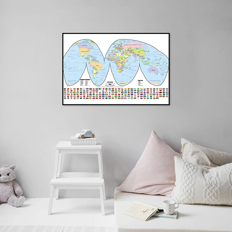 

The World Map with National Flags 84*59cm Posters and Prints Non-smell Canvas Painting Office Supplies Bedroom Home Decoration