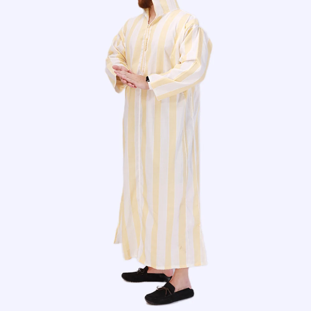 New Muslim Striped Long Hooded Nightgown Men's Middle Eastern National Dress Robe Costume Arab Islamic Long-sleeved Top Clothing
