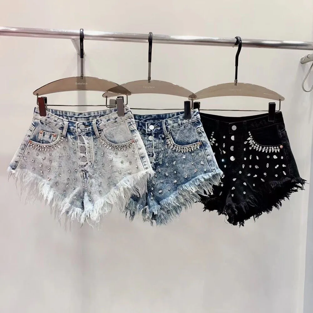 Design Sense Exquisite Rhinestone Raw Edge Denim Shorts Female Summer New Loose Slimming High Waist Wide Legs A-line Booty Pants