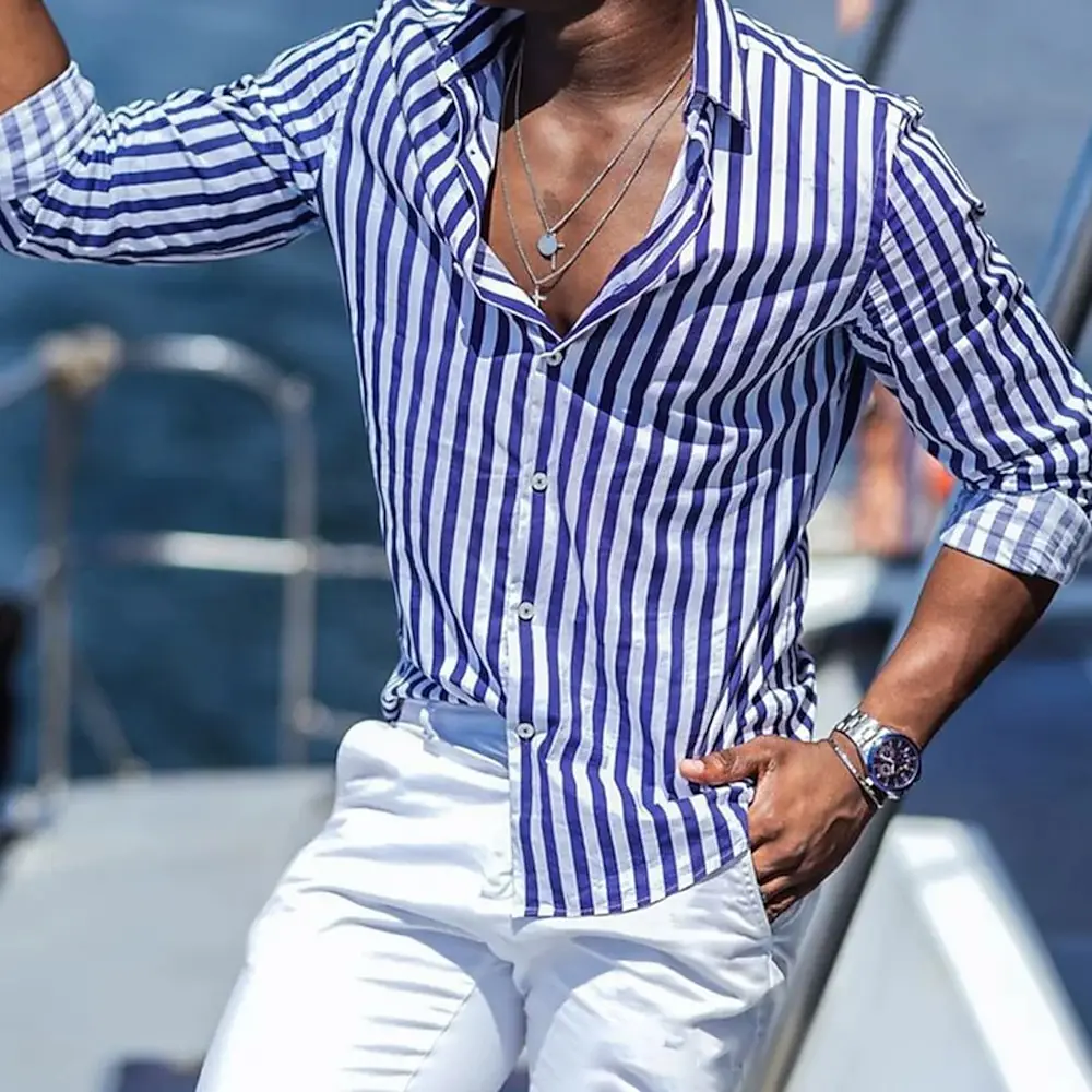 

Рубашка мужская с воротником на пуговицах, Повседневная пляжная блуза с длинными рукавами, уличная одежда с лацканами в полоску для отпуска, гавайская одежда, лето