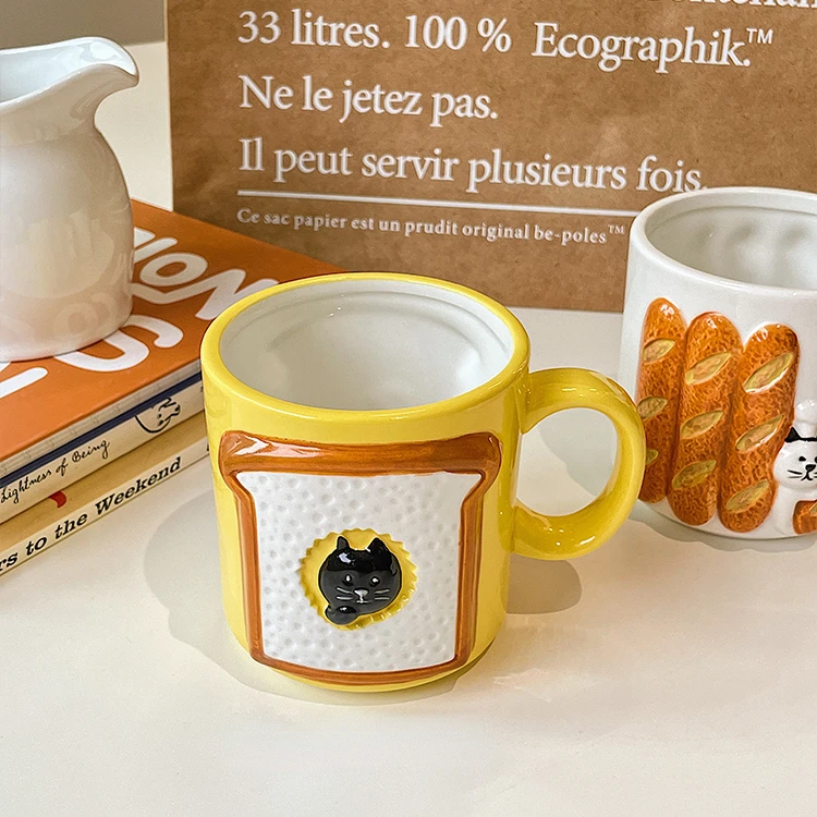 Ceramic Mug Coffee Cup Three-dimensional Stick Bread Cat Relief Breakfast for |