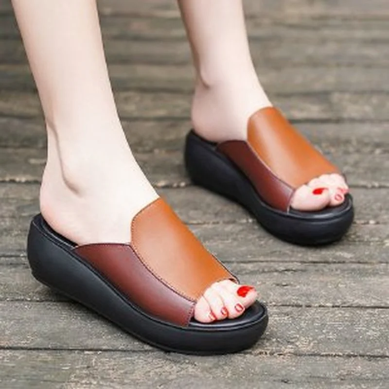 

2022 New Style Sandals and Slippers for Women's Summer Outer Wear Soft Leather Wedge Heels with Color-blocking Platform Shoes