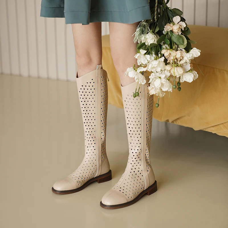 

Summer Boots With Zippers Hollow Shoes Breathable Split Leather Thigh High Boots Rome Gladiator Women Sandals Retro Spring Shoes