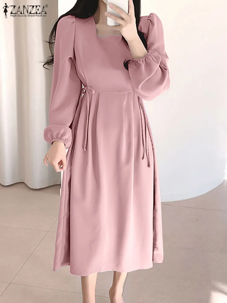 Women ZANZEA Spring Summer Party Robe Femme 2023 Holiday Dating Vestidos Casual Pleated A Line Sundress Long Sleeve Midi Dresses