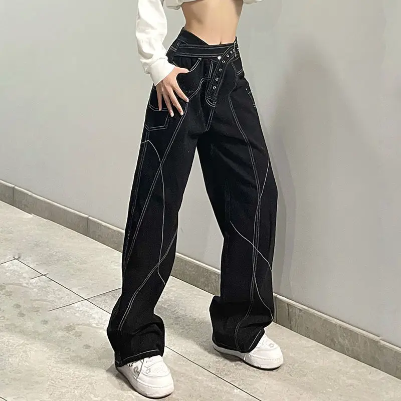 

Irregular topstitch y2k jeans loose all-match dance high waist straight pant fashion boyfriend jeans for women high street style