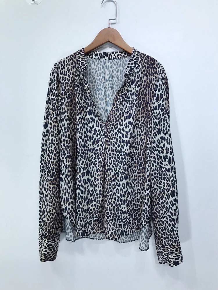 2022 Spring New Leopard Print Long Sleeve Shirt 100% Viscose Women Shirt Top