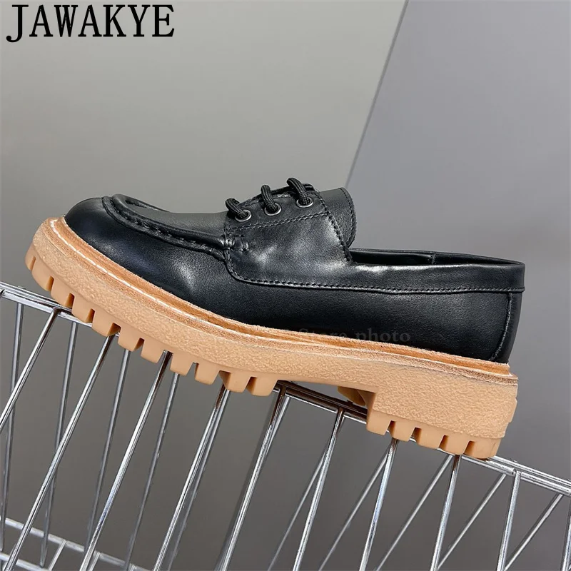 Туфли женские из натуральной кожи лоферы круглый носок толстая подошва на