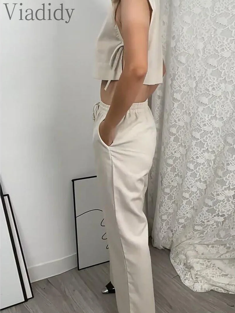 Женский Повседневный однотонный топ без рукавов на шнуровке и эластичные прямые