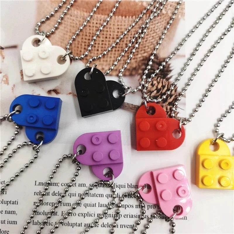 

2Pcs Love Heart Building blocks Pendant Necklace for Couples Friendship Women Elements Couple Valentines Party Gifts Necklace